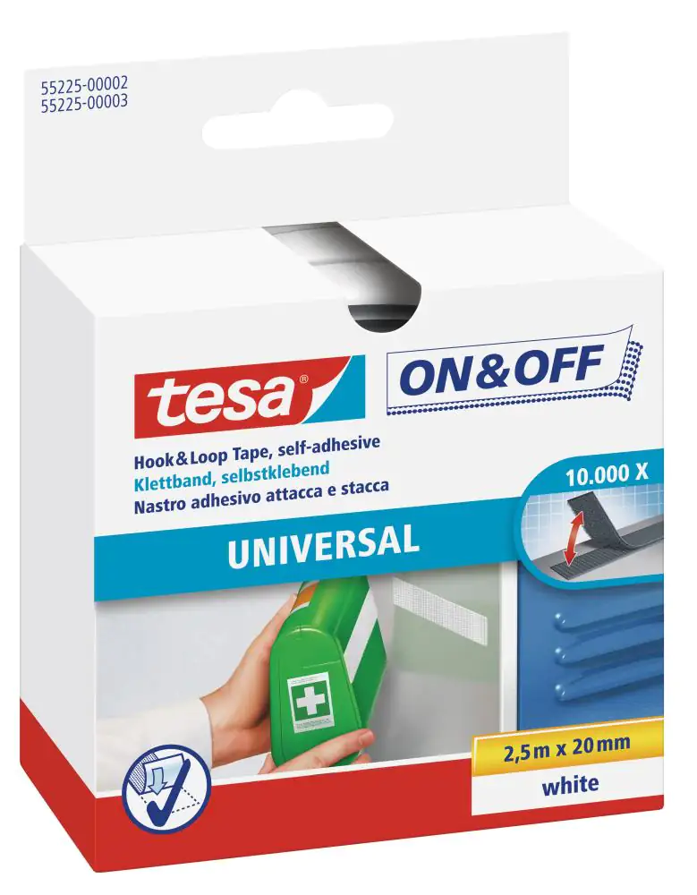 tesa Klettband On & Off 2,5 m x 20 mm, weiß
