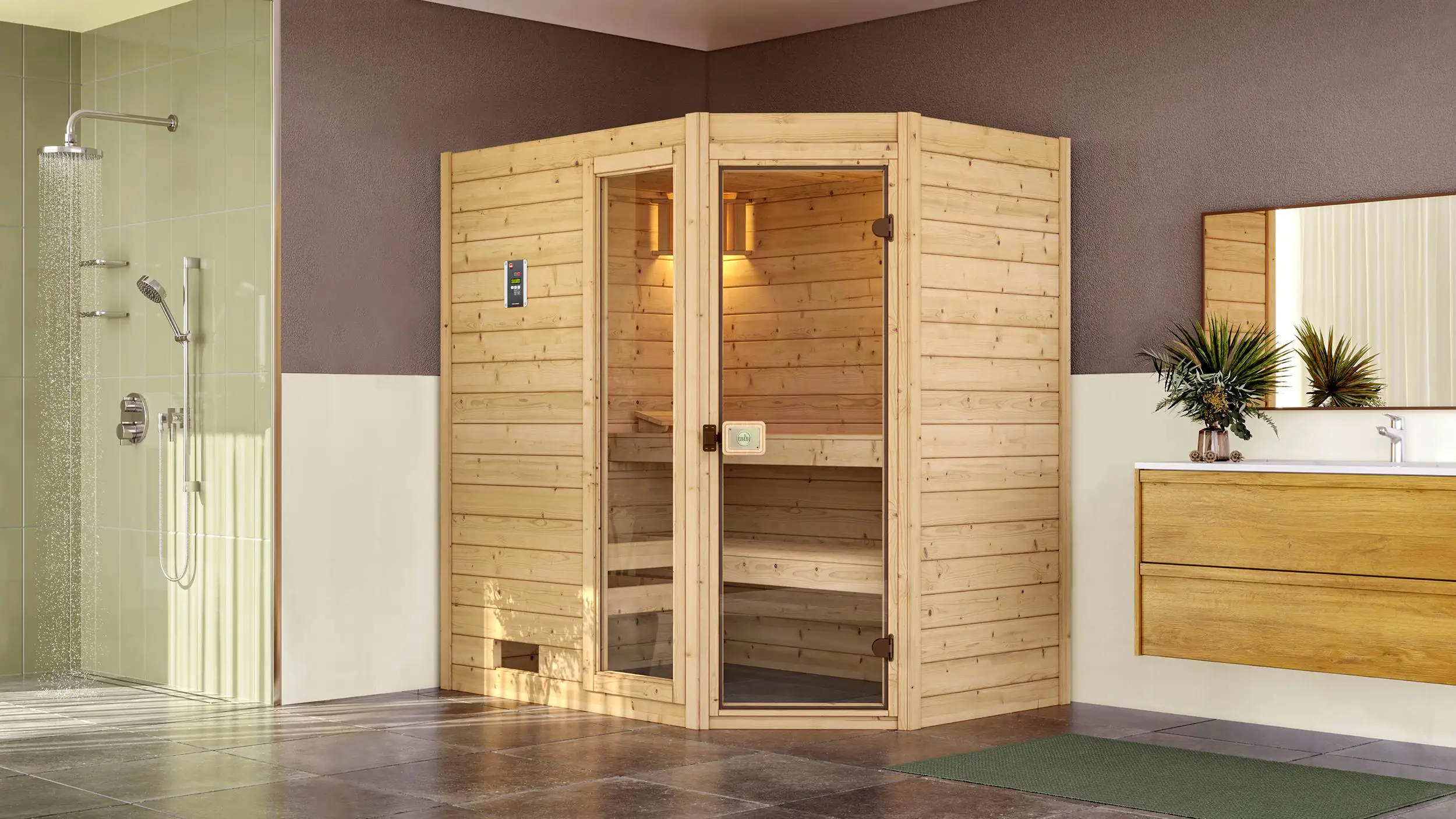 Weka Massivholzsauna Valida Eck 1 Sparset mit Bio-Aktiv Saunaofen