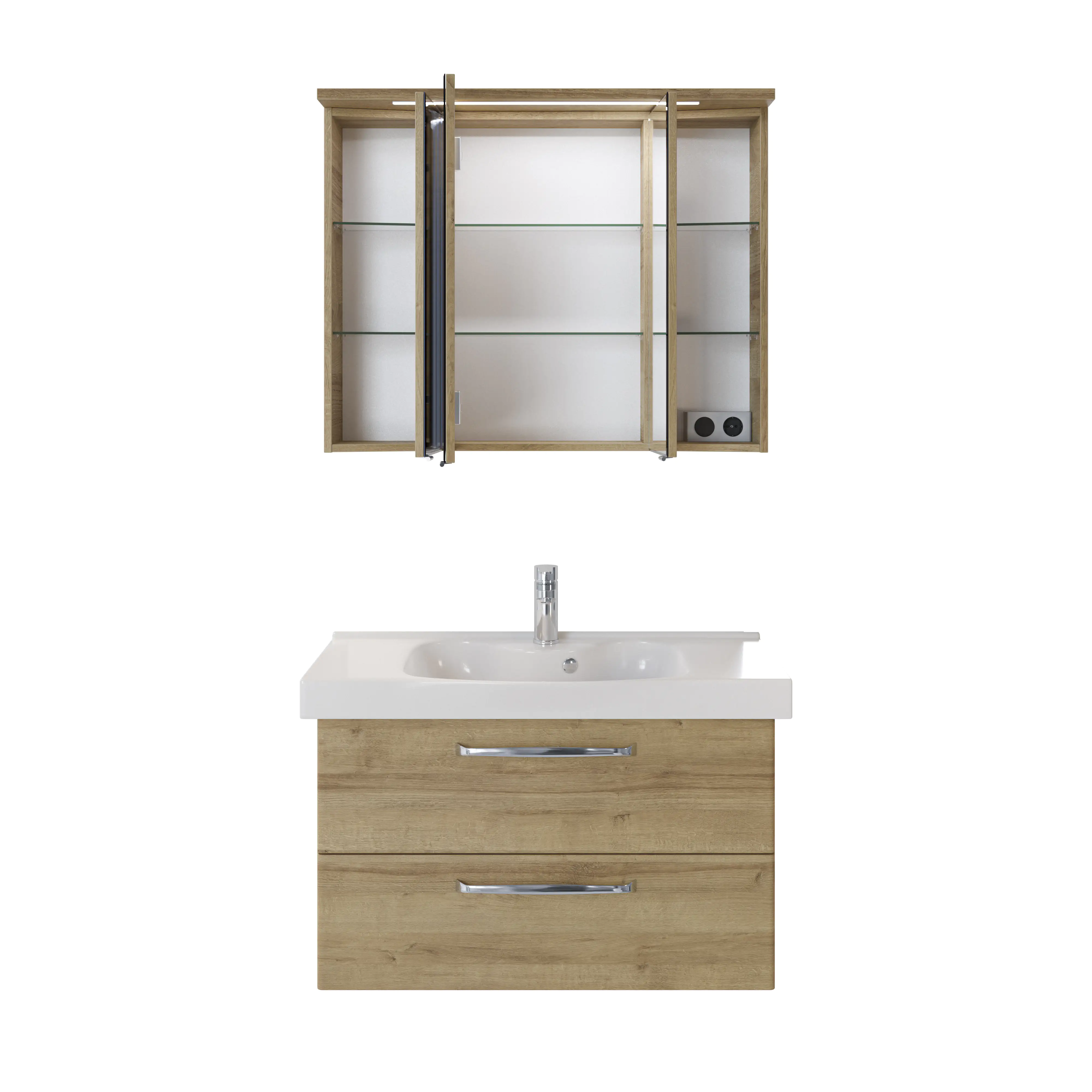 Pelipal Badmöbel-Set Trentino Riviera Eiche quer mit Keramik-Waschtisch + 3D-Spiegelschrank 92 cm
