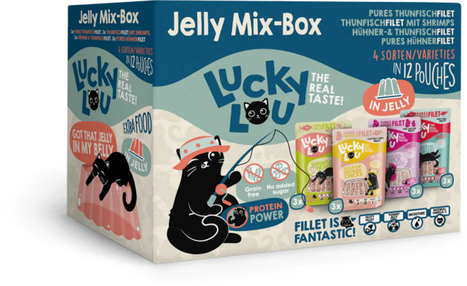 Lucky Lou Extrafood Katzennassfutter Adult getreidefrei 12 x 70 g Jelly-Mix-Box