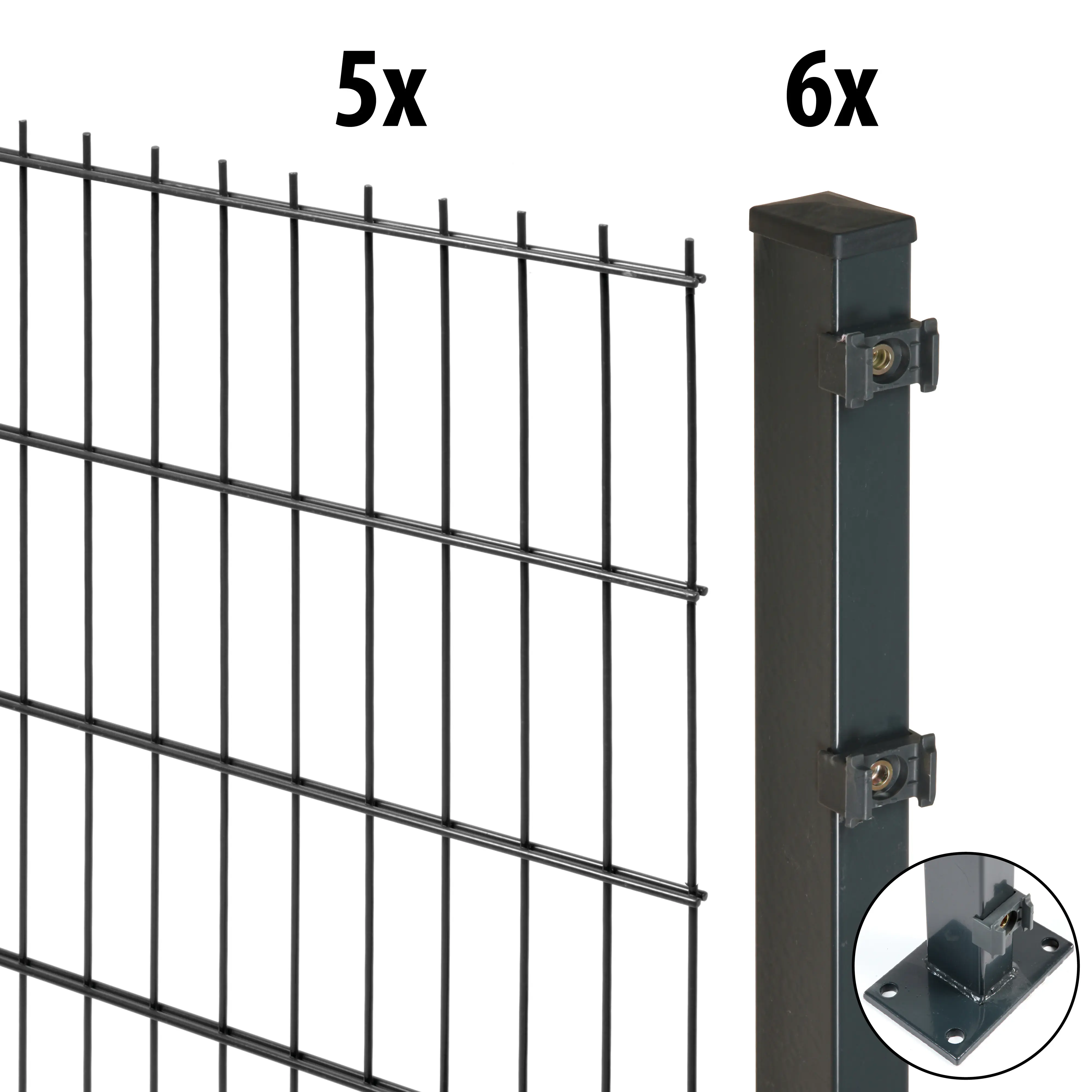 Floraworld Doppelstabmatten-Zaun Set Comfort 10 m 201 x 143 cm mit Bodenplatte & 6 Pfosten 149,3 cm anthrazit
