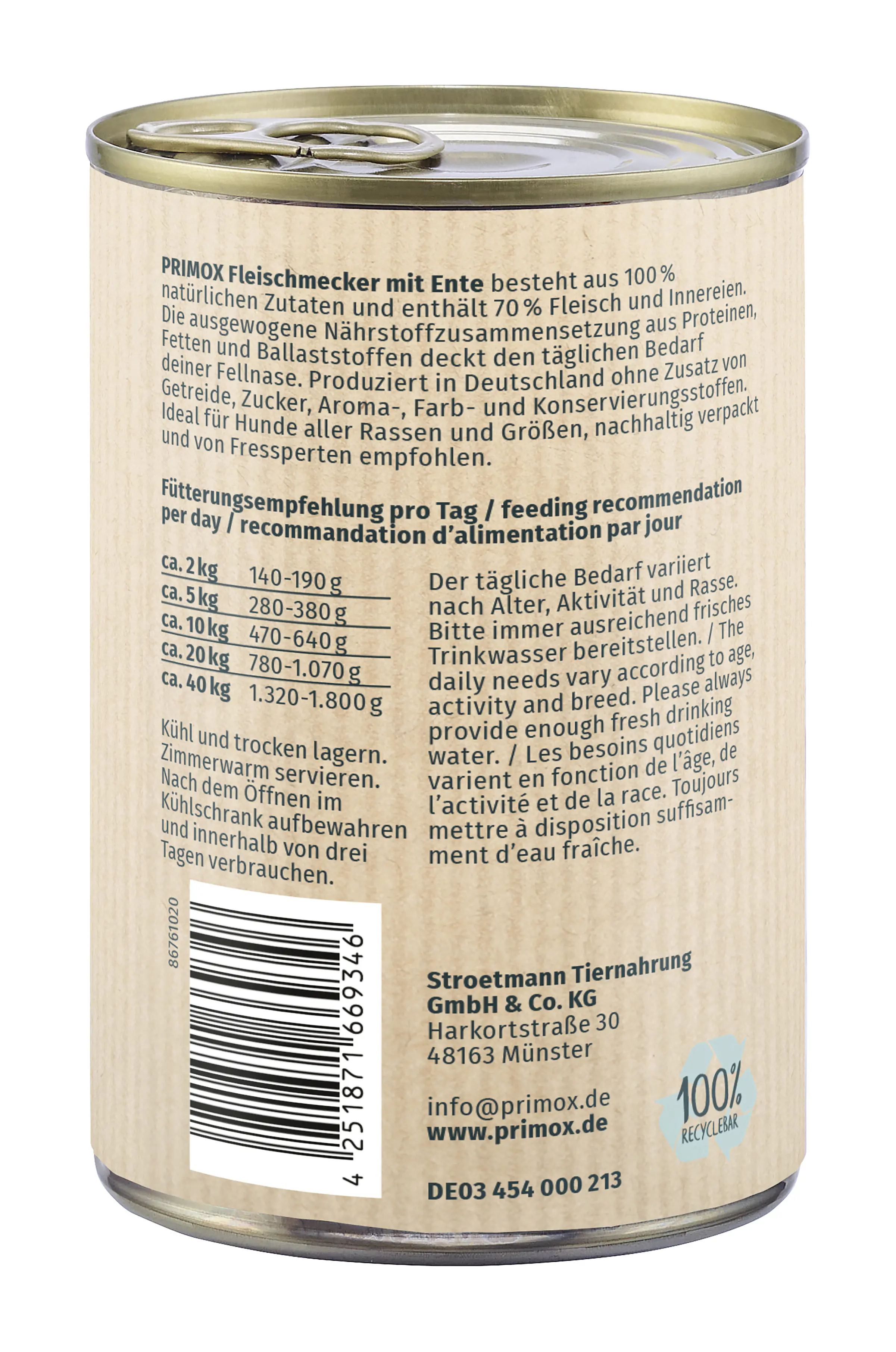 Primox Hundenassfutter Adult getreidefrei 400 g Ente 