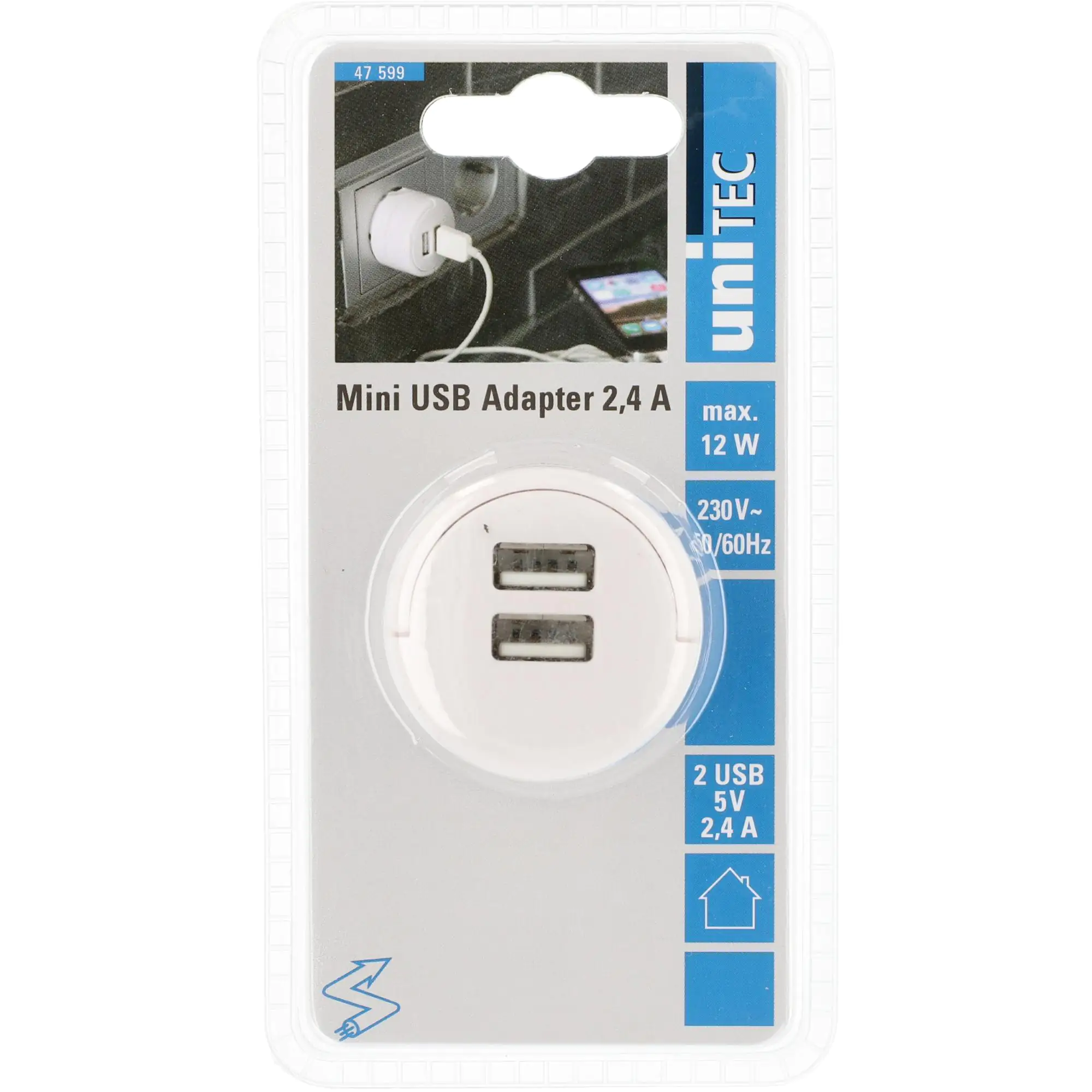 Unitec USB-Ladeadapter Mini mit 2x USB Type A 2,4A weiß