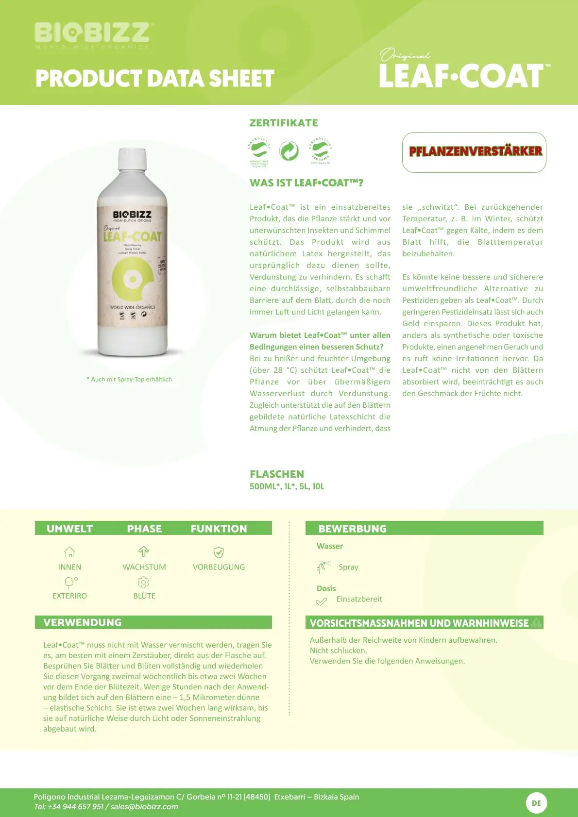 BioBizz Grow Dünger Leaf-Coat 500 ml