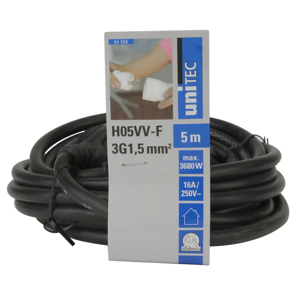 Unitec Verlängerungskabel Innen 5 Meter H05VV-F 3G1,5, schwarz